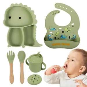 DinoBites | Set de mesa para niños de silicona - Juego de mesa de 7 piezas con dinosaurios para niños, apto para lavavajillas, diseño amigable para niños